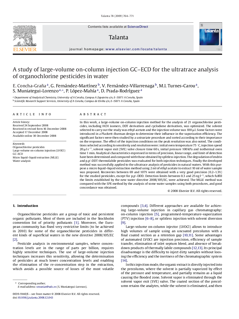 A study of large-volume on-column injection GC–ECD for the ultratrace analysis of organochlorine pesticides in water