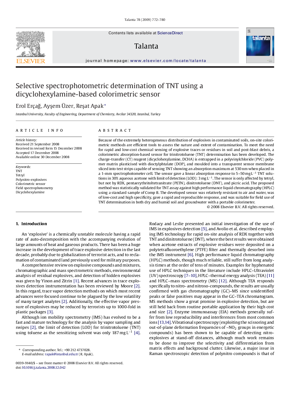 Selective spectrophotometric determination of TNT using a dicyclohexylamine-based colorimetric sensor