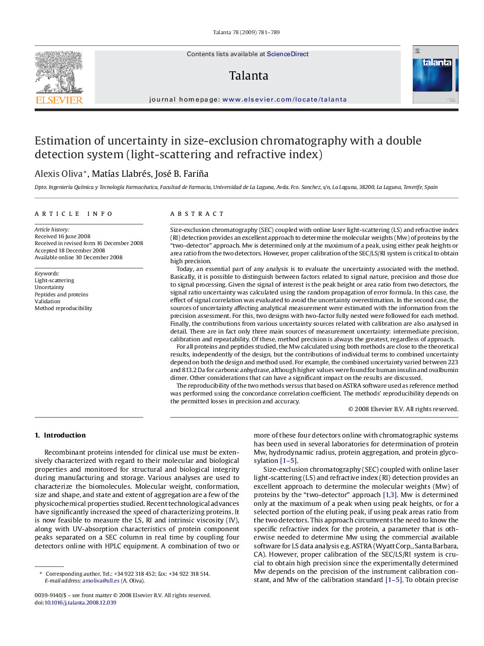 Estimation of uncertainty in size-exclusion chromatography with a double detection system (light-scattering and refractive index)