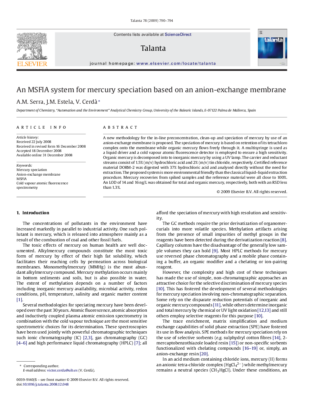 An MSFIA system for mercury speciation based on an anion-exchange membrane