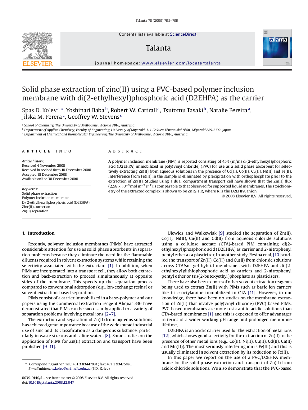 Solid phase extraction of zinc(II) using a PVC-based polymer inclusion membrane with di(2-ethylhexyl)phosphoric acid (D2EHPA) as the carrier