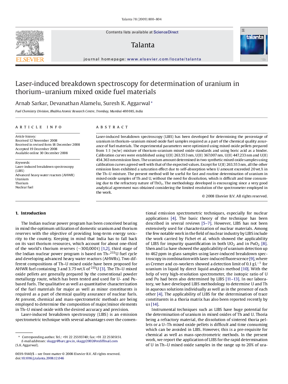 Laser-induced breakdown spectroscopy for determination of uranium in thorium–uranium mixed oxide fuel materials