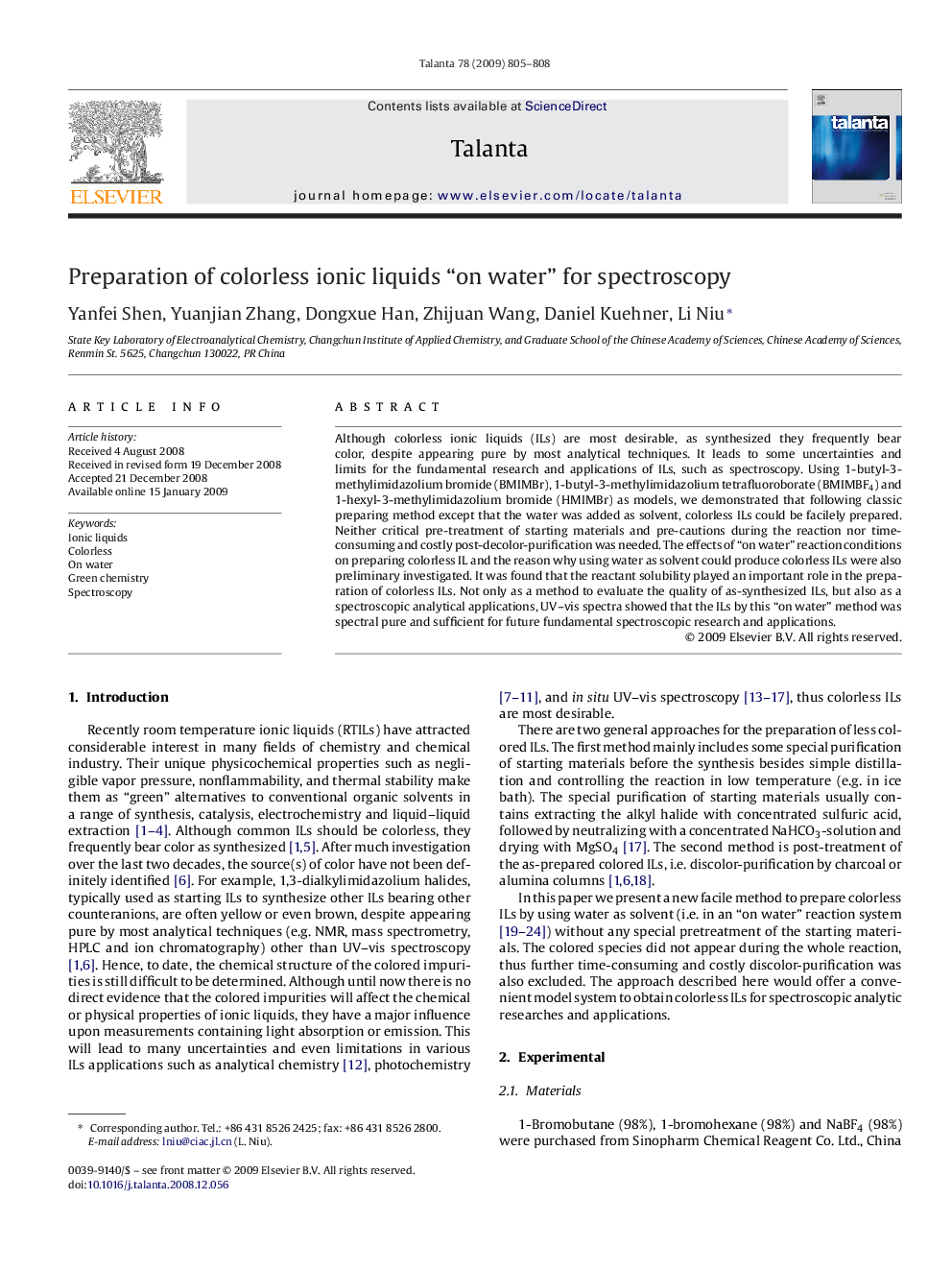 Preparation of colorless ionic liquids “on water” for spectroscopy