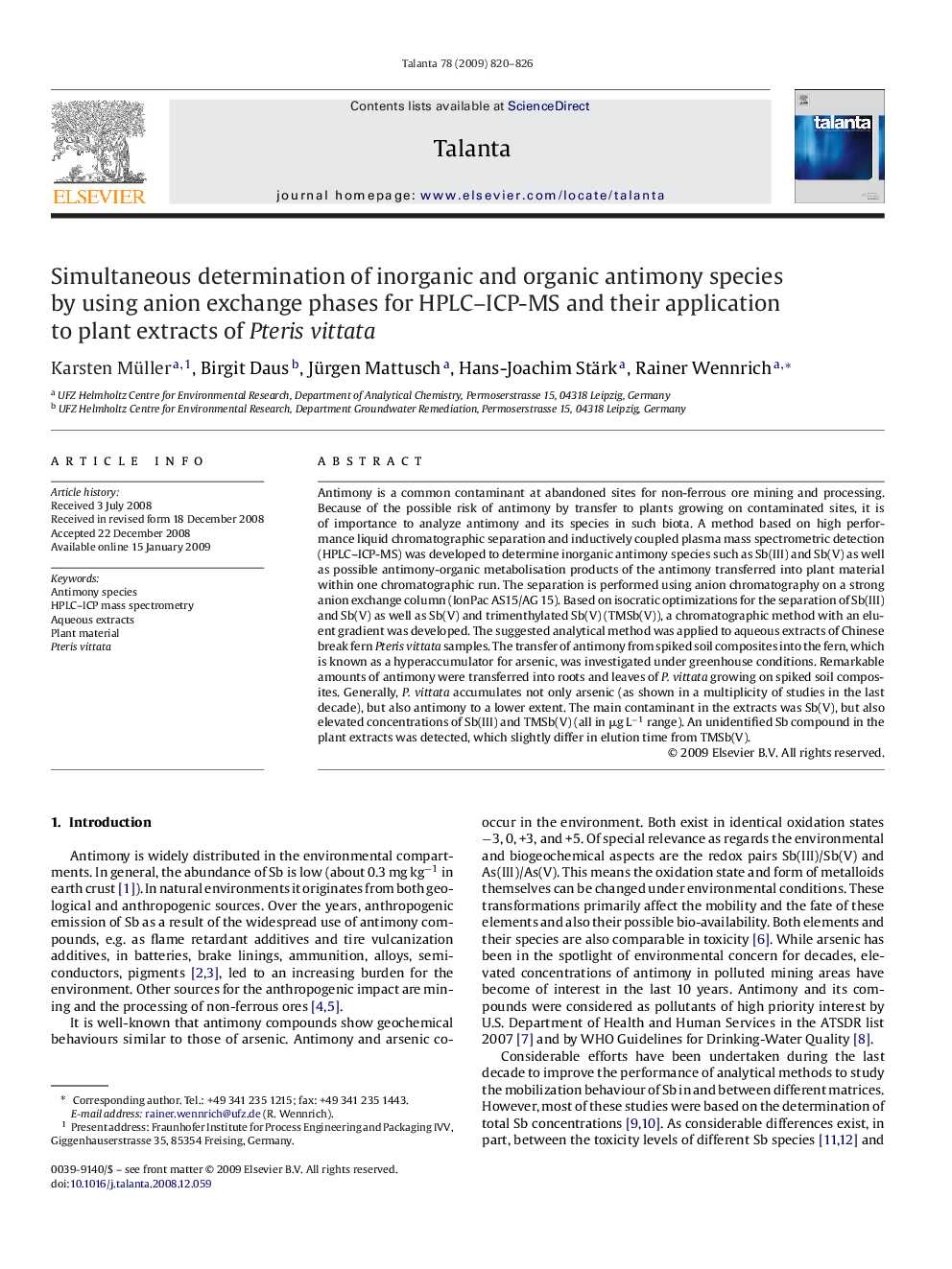 Simultaneous determination of inorganic and organic antimony species by using anion exchange phases for HPLC–ICP-MS and their application to plant extracts of Pteris vittata