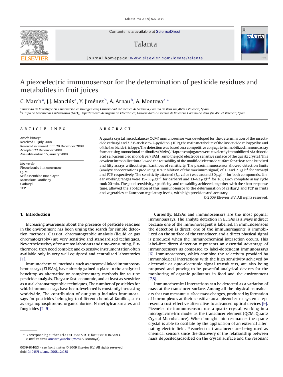 A piezoelectric immunosensor for the determination of pesticide residues and metabolites in fruit juices