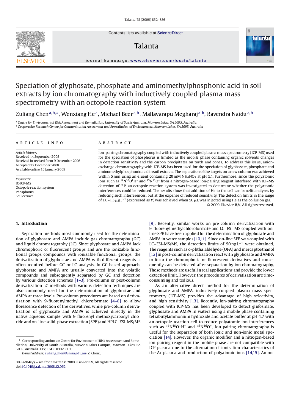 Speciation of glyphosate, phosphate and aminomethylphosphonic acid in soil extracts by ion chromatography with inductively coupled plasma mass spectrometry with an octopole reaction system