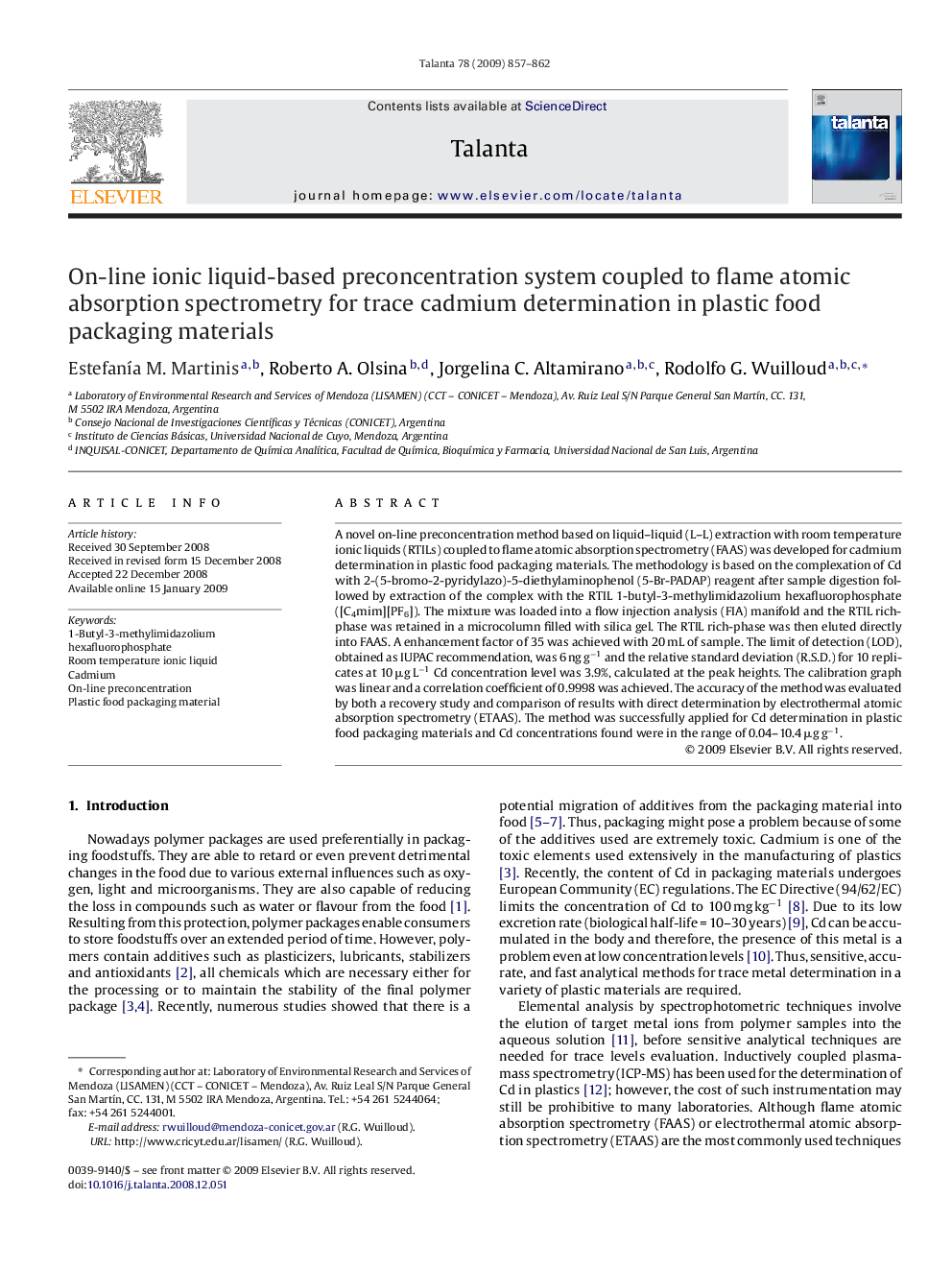 On-line ionic liquid-based preconcentration system coupled to flame atomic absorption spectrometry for trace cadmium determination in plastic food packaging materials