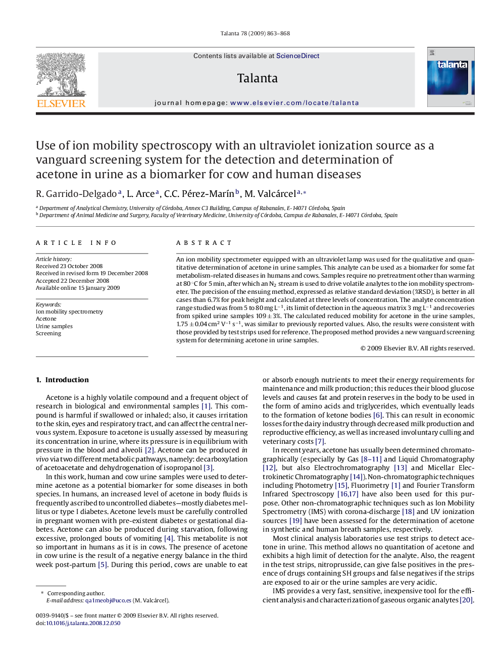 Use of ion mobility spectroscopy with an ultraviolet ionization source as a vanguard screening system for the detection and determination of acetone in urine as a biomarker for cow and human diseases