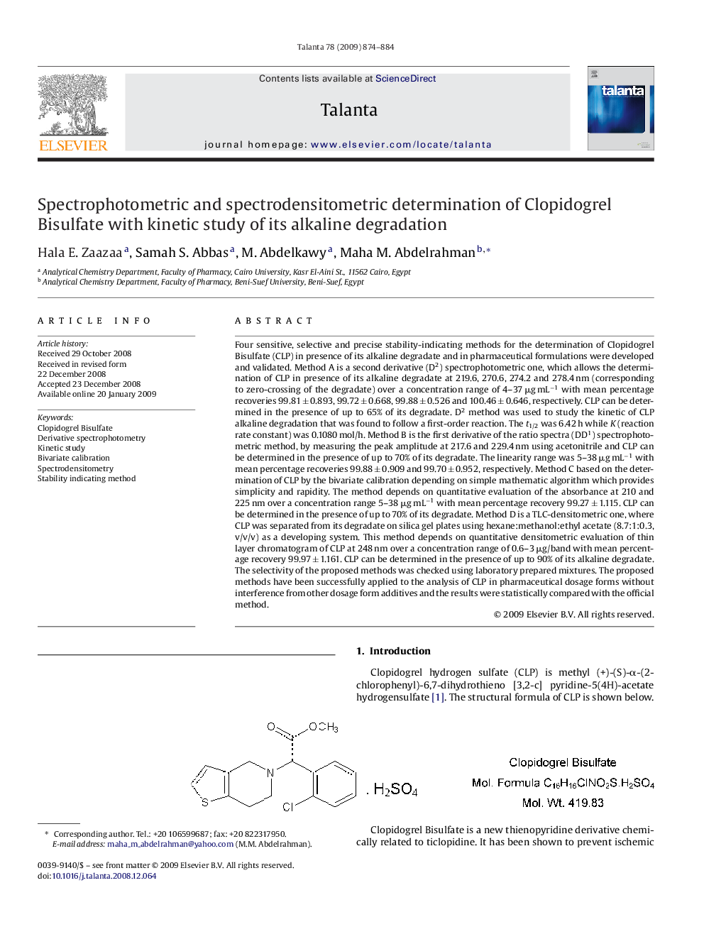 Spectrophotometric and spectrodensitometric determination of Clopidogrel Bisulfate with kinetic study of its alkaline degradation