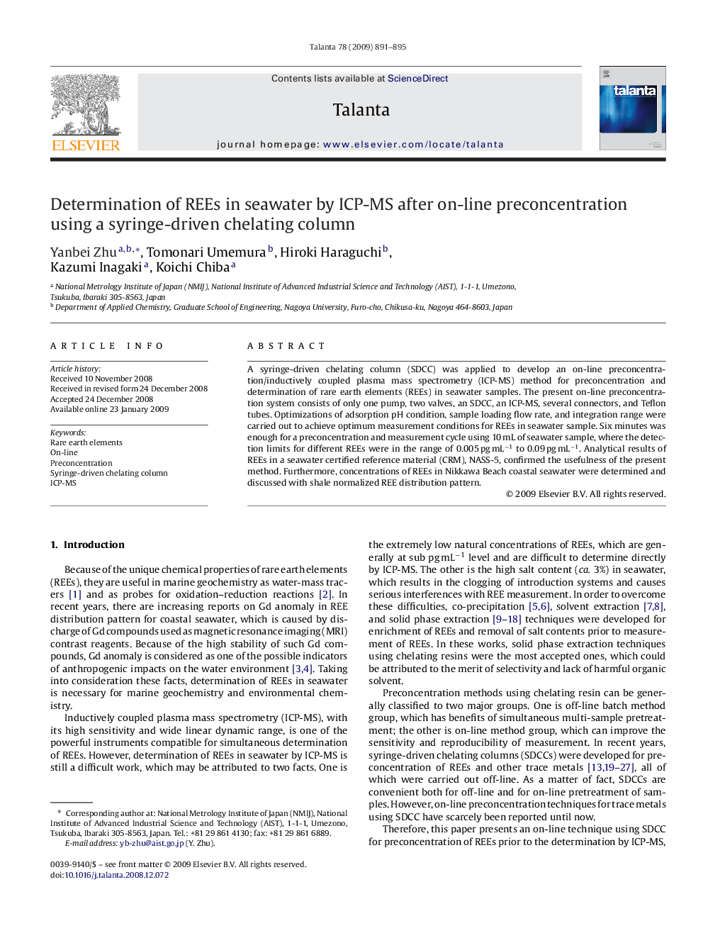 Determination of REEs in seawater by ICP-MS after on-line preconcentration using a syringe-driven chelating column