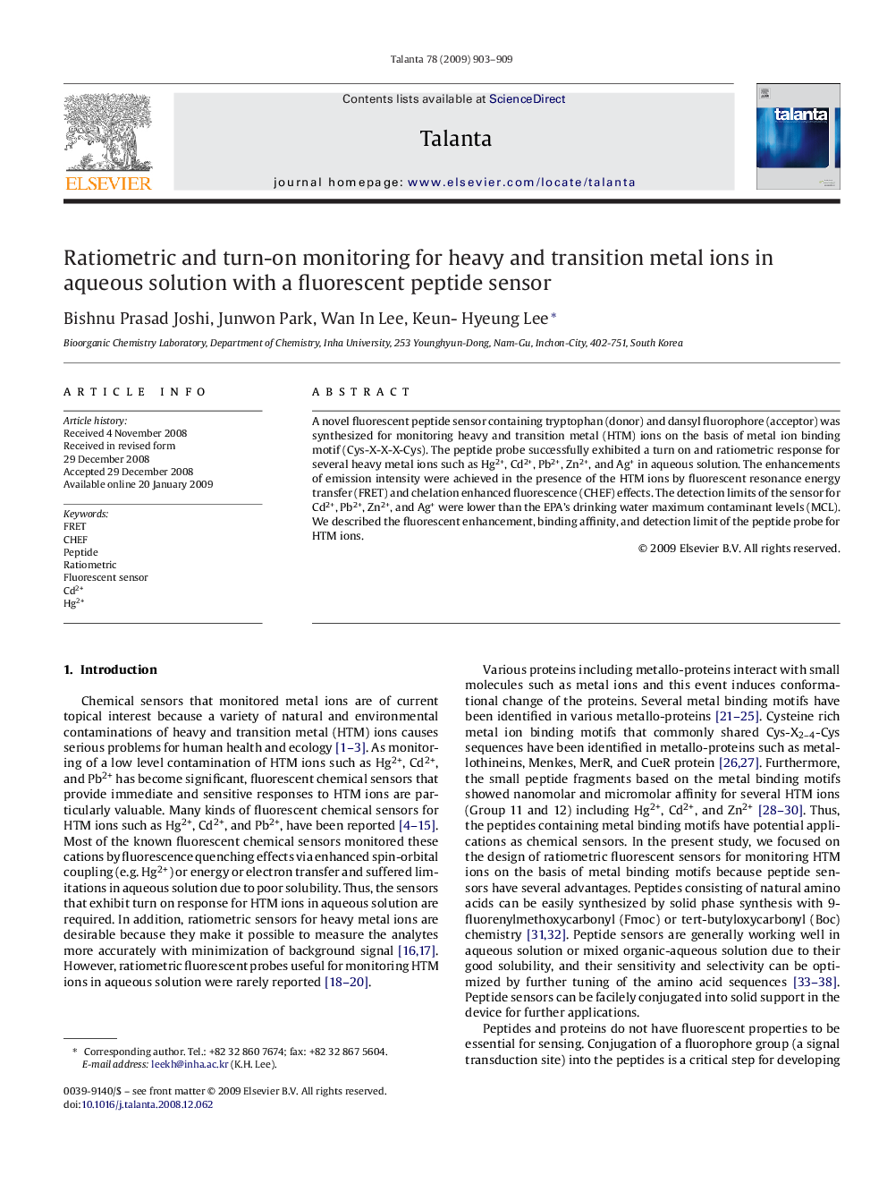 Ratiometric and turn-on monitoring for heavy and transition metal ions in aqueous solution with a fluorescent peptide sensor