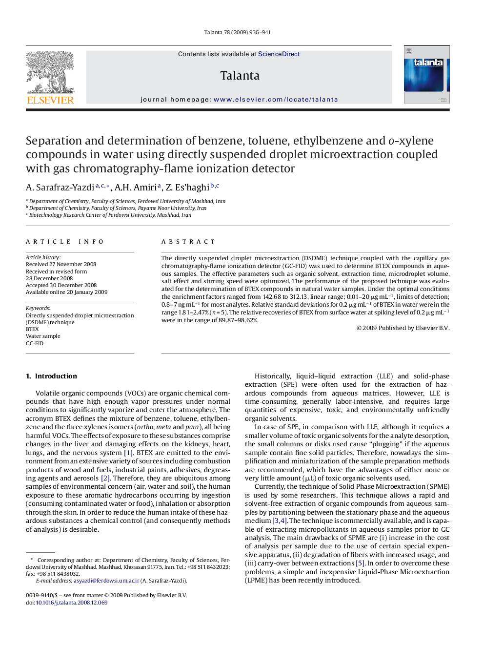 Separation and determination of benzene, toluene, ethylbenzene and o-xylene compounds in water using directly suspended droplet microextraction coupled with gas chromatography-flame ionization detector