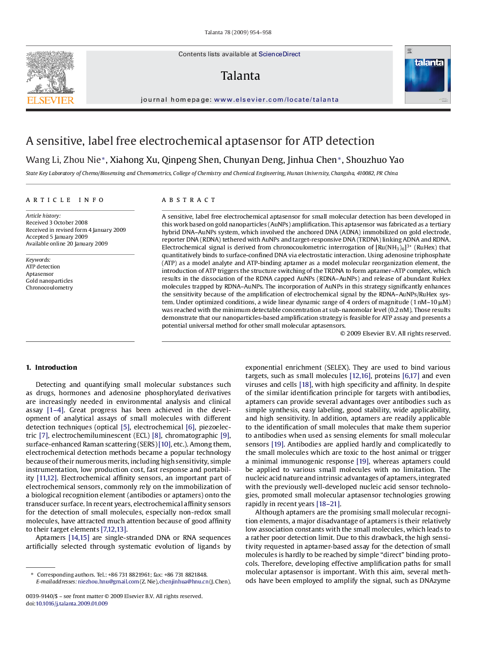 A sensitive, label free electrochemical aptasensor for ATP detection