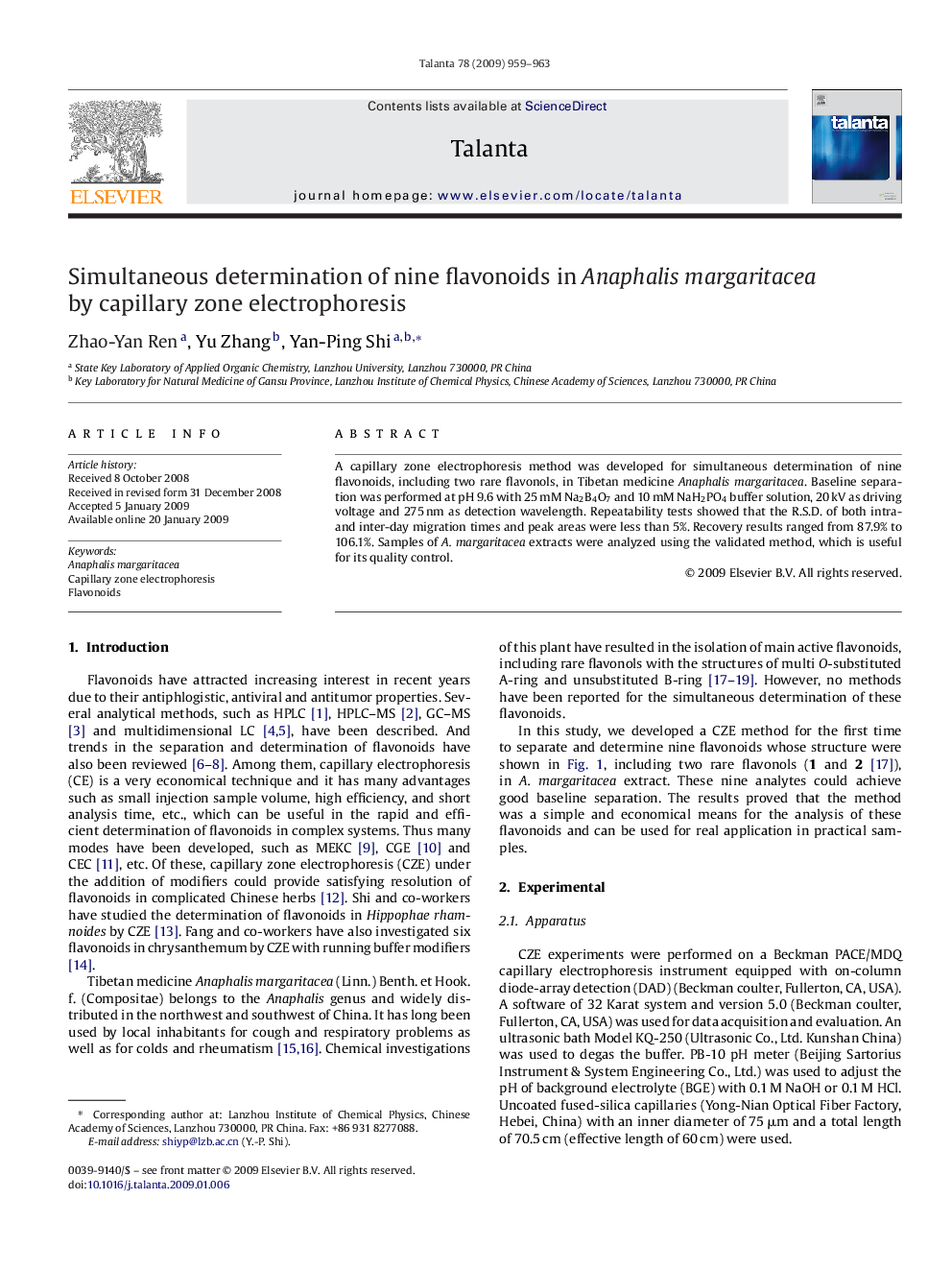 Simultaneous determination of nine flavonoids in Anaphalis margaritacea by capillary zone electrophoresis