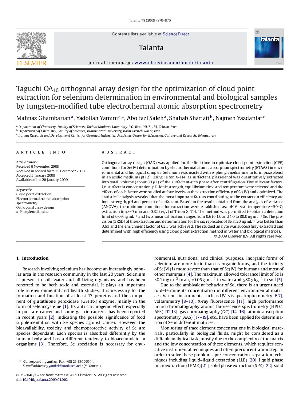 Taguchi OA16 orthogonal array design for the optimization of cloud point extraction for selenium determination in environmental and biological samples by tungsten-modified tube electrothermal atomic absorption spectrometry