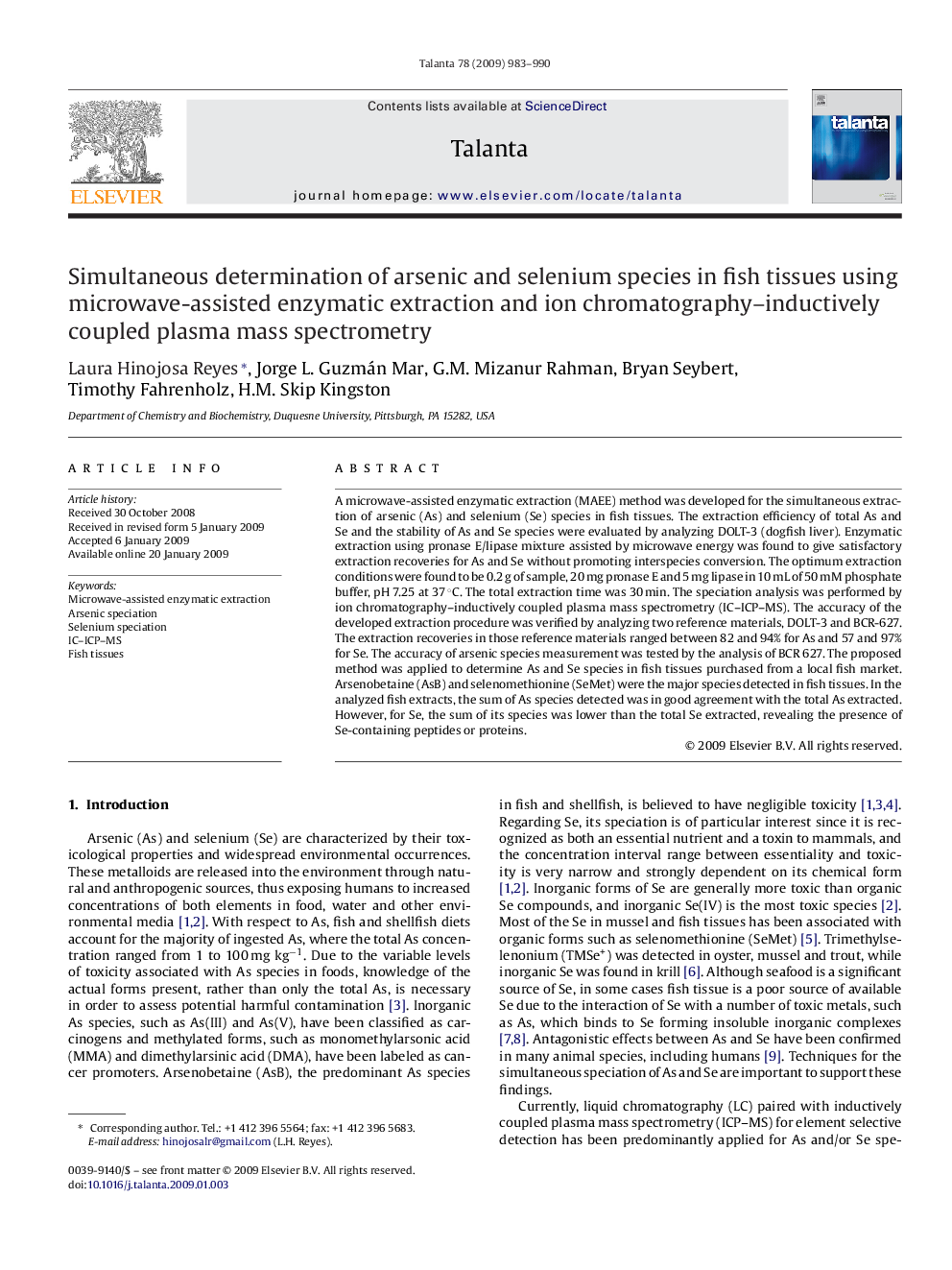 Simultaneous determination of arsenic and selenium species in fish tissues using microwave-assisted enzymatic extraction and ion chromatography–inductively coupled plasma mass spectrometry