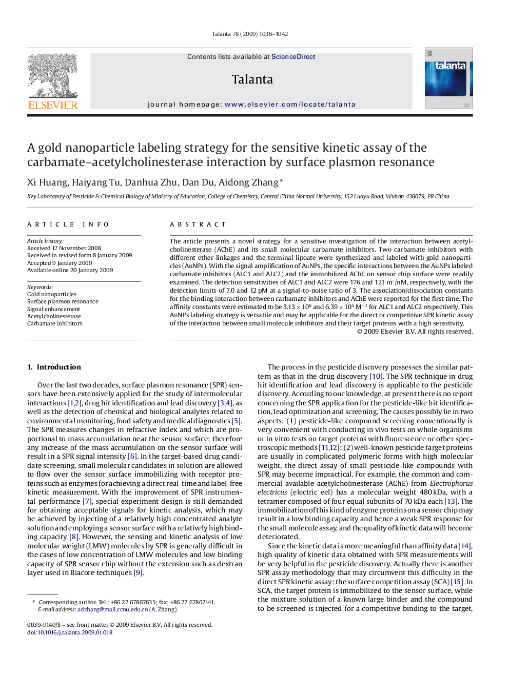 A gold nanoparticle labeling strategy for the sensitive kinetic assay of the carbamate–acetylcholinesterase interaction by surface plasmon resonance