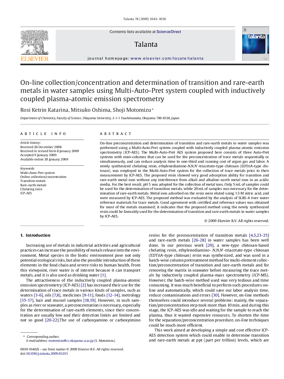 On-line collection/concentration and determination of transition and rare-earth metals in water samples using Multi-Auto-Pret system coupled with inductively coupled plasma-atomic emission spectrometry