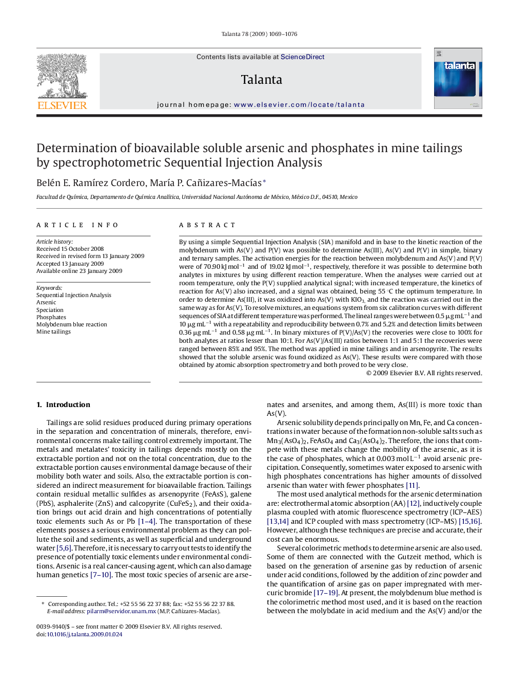 Determination of bioavailable soluble arsenic and phosphates in mine tailings by spectrophotometric Sequential Injection Analysis