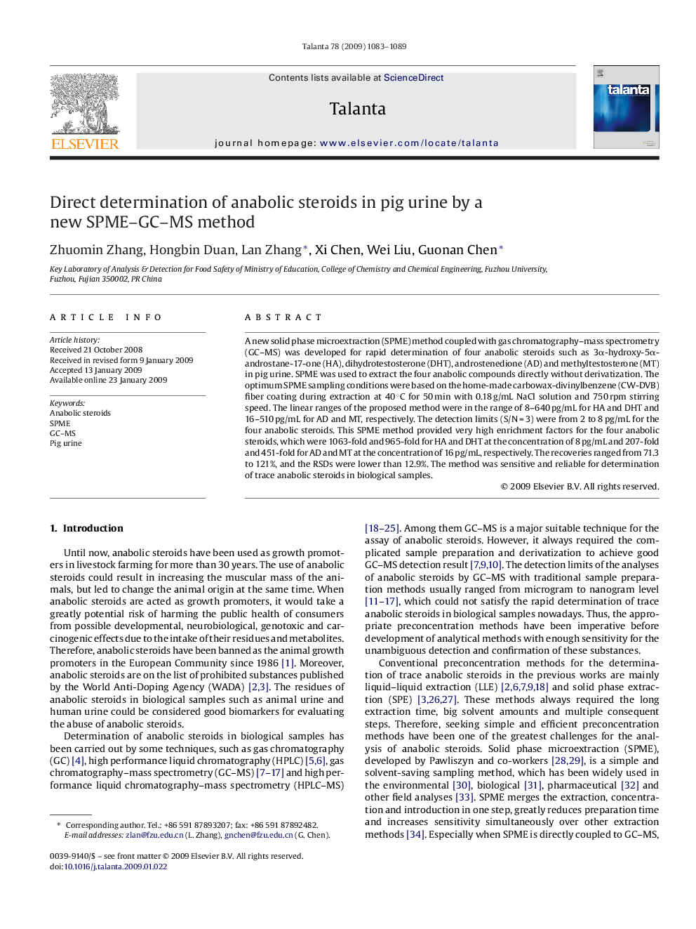 Direct determination of anabolic steroids in pig urine by a new SPME–GC–MS method