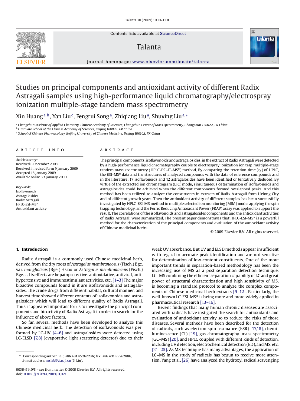 Studies on principal components and antioxidant activity of different Radix Astragali samples using high-performance liquid chromatography/electrospray ionization multiple-stage tandem mass spectrometry