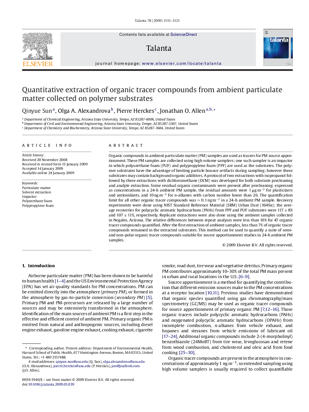 Quantitative extraction of organic tracer compounds from ambient particulate matter collected on polymer substrates