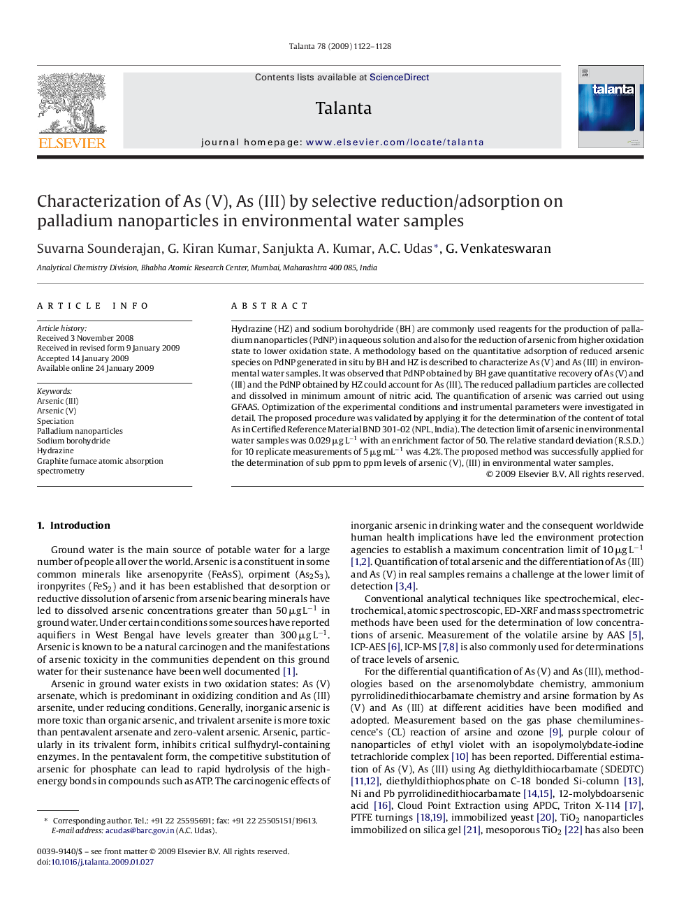 Characterization of As (V), As (III) by selective reduction/adsorption on palladium nanoparticles in environmental water samples