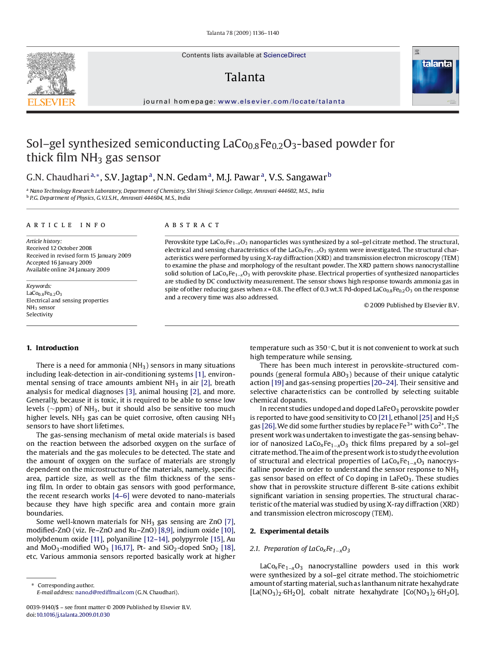 Sol–gel synthesized semiconducting LaCo0.8Fe0.2O3-based powder for thick film NH3 gas sensor