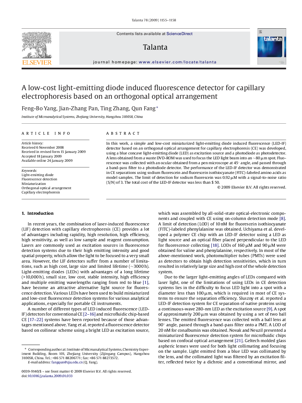 A low-cost light-emitting diode induced fluorescence detector for capillary electrophoresis based on an orthogonal optical arrangement