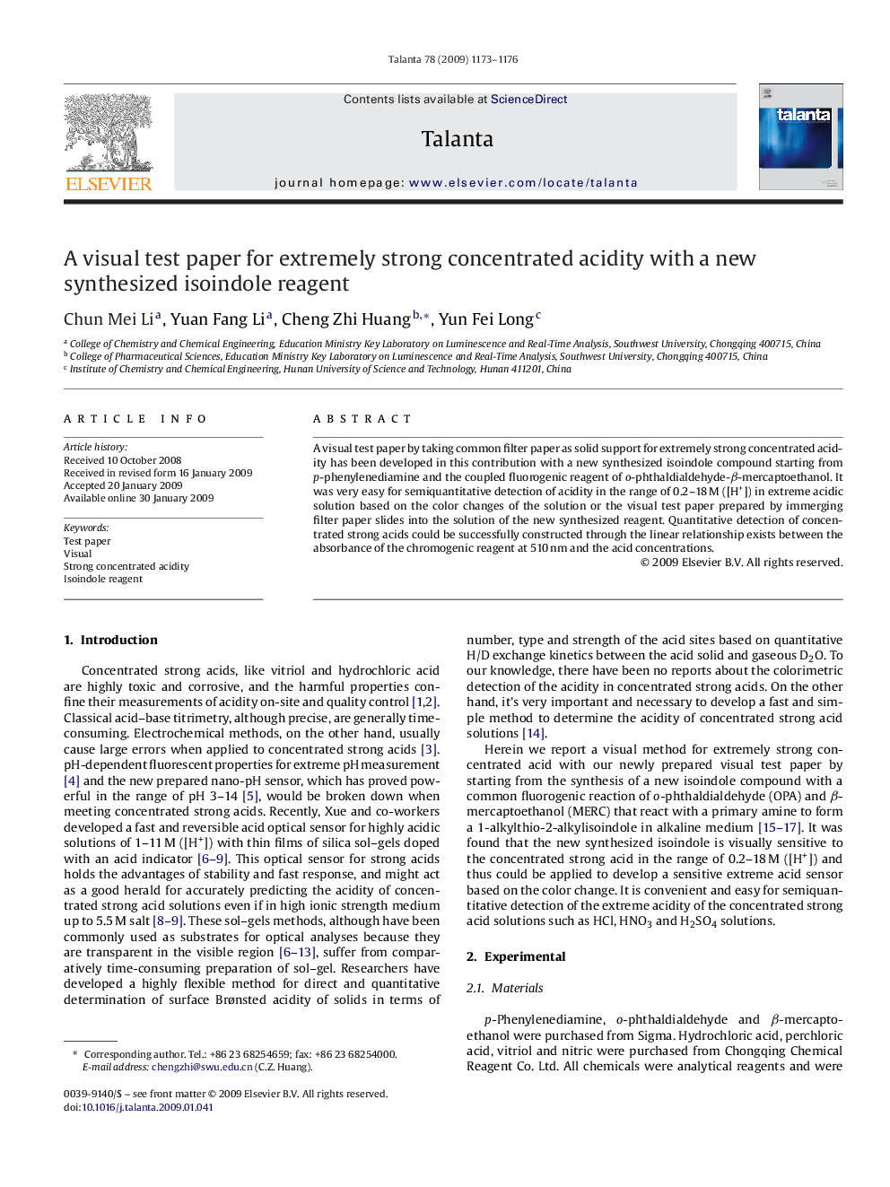 A visual test paper for extremely strong concentrated acidity with a new synthesized isoindole reagent