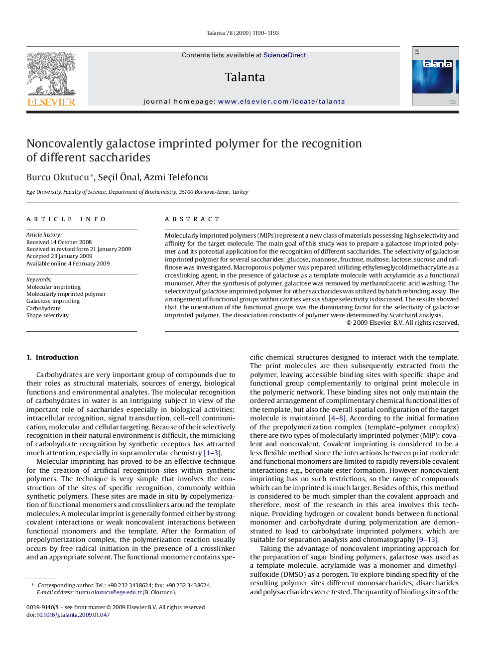 Noncovalently galactose imprinted polymer for the recognition of different saccharides