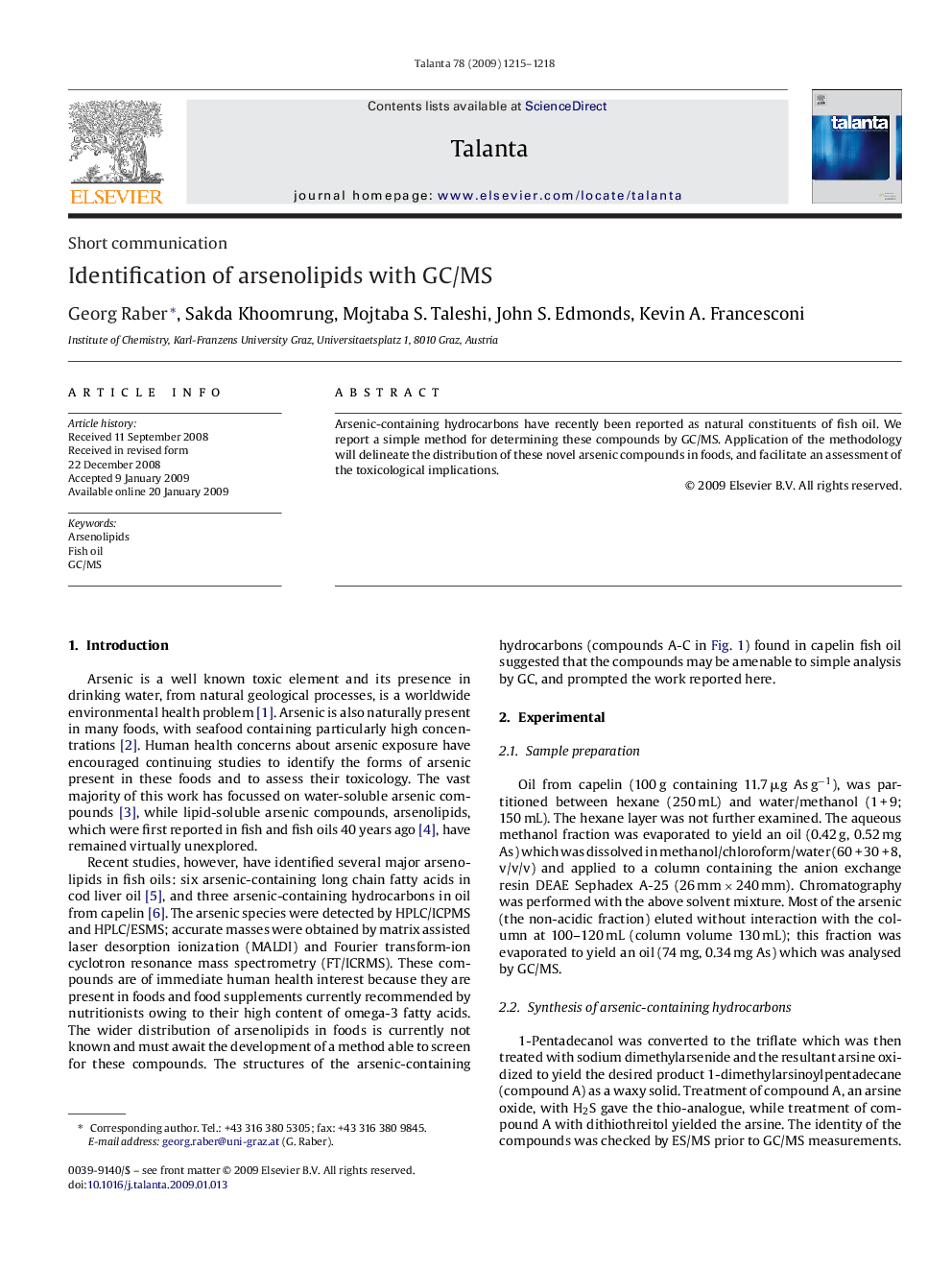 Identification of arsenolipids with GC/MS