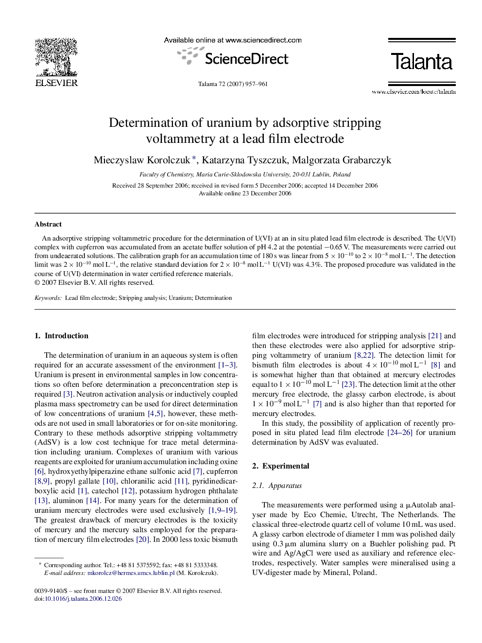 Determination of uranium by adsorptive stripping voltammetry at a lead film electrode