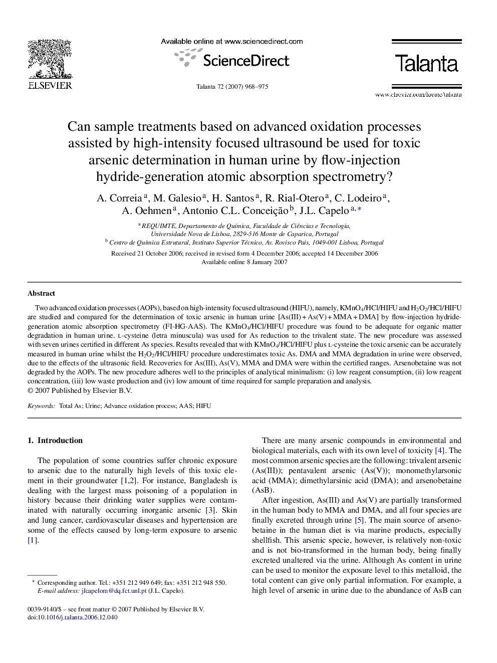 Can sample treatments based on advanced oxidation processes assisted by high-intensity focused ultrasound be used for toxic arsenic determination in human urine by flow-injection hydride-generation atomic absorption spectrometry?