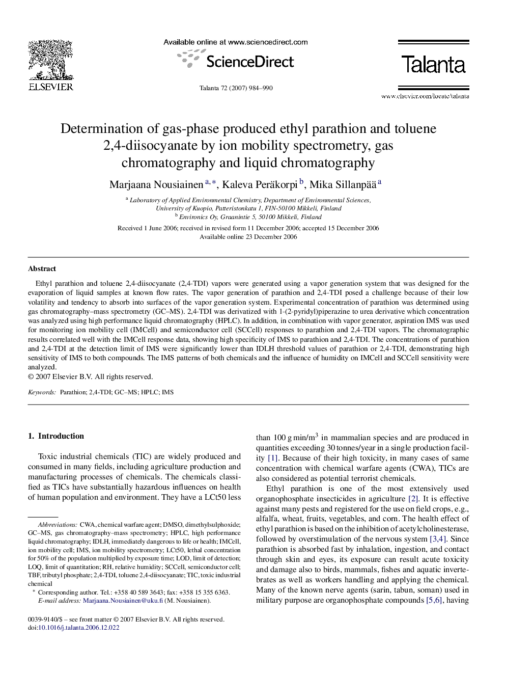 Determination of gas-phase produced ethyl parathion and toluene 2,4-diisocyanate by ion mobility spectrometry, gas chromatography and liquid chromatography