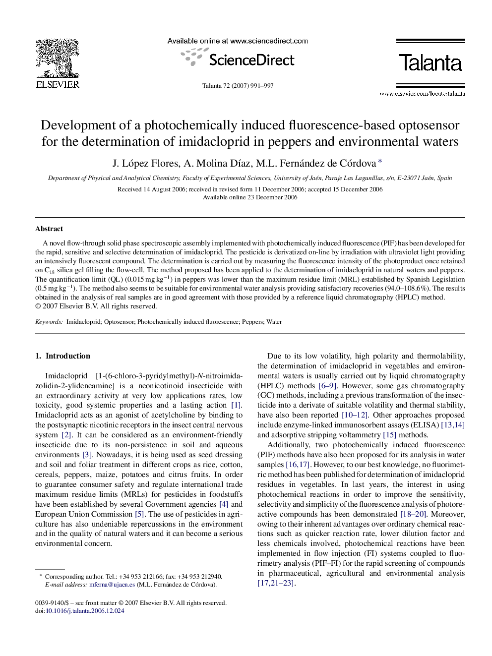 Development of a photochemically induced fluorescence-based optosensor for the determination of imidacloprid in peppers and environmental waters