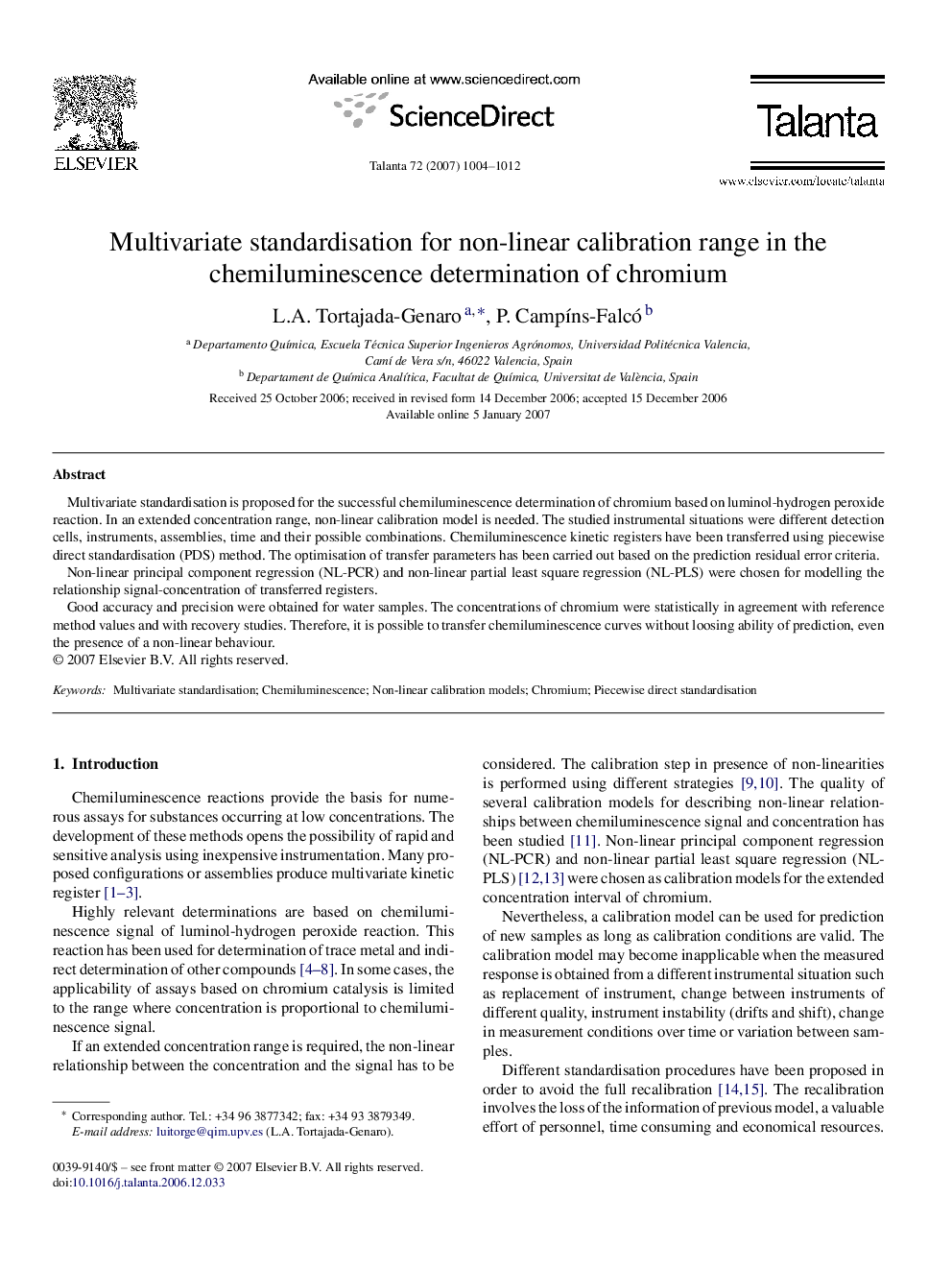 Multivariate standardisation for non-linear calibration range in the chemiluminescence determination of chromium