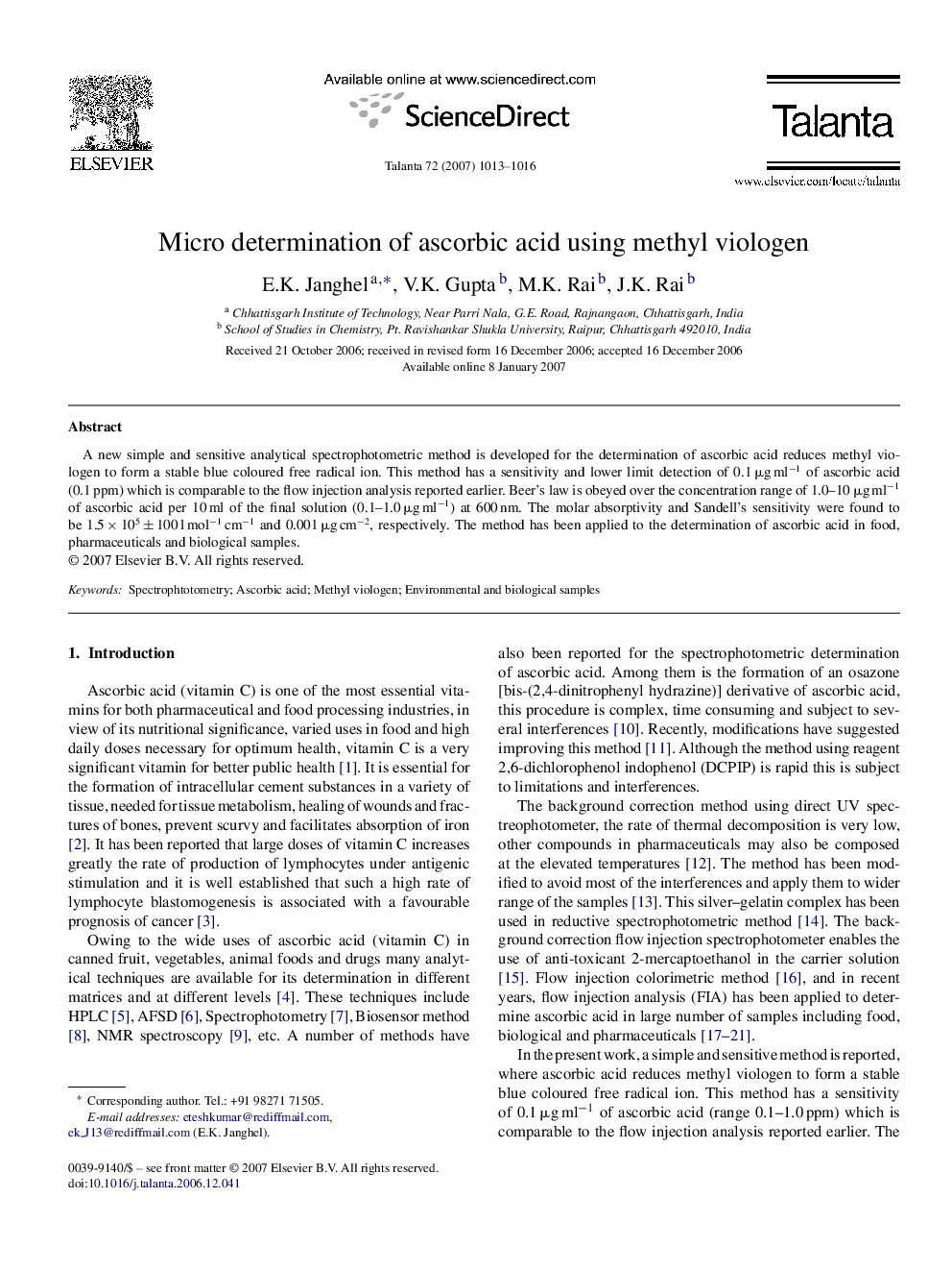 Micro determination of ascorbic acid using methyl viologen