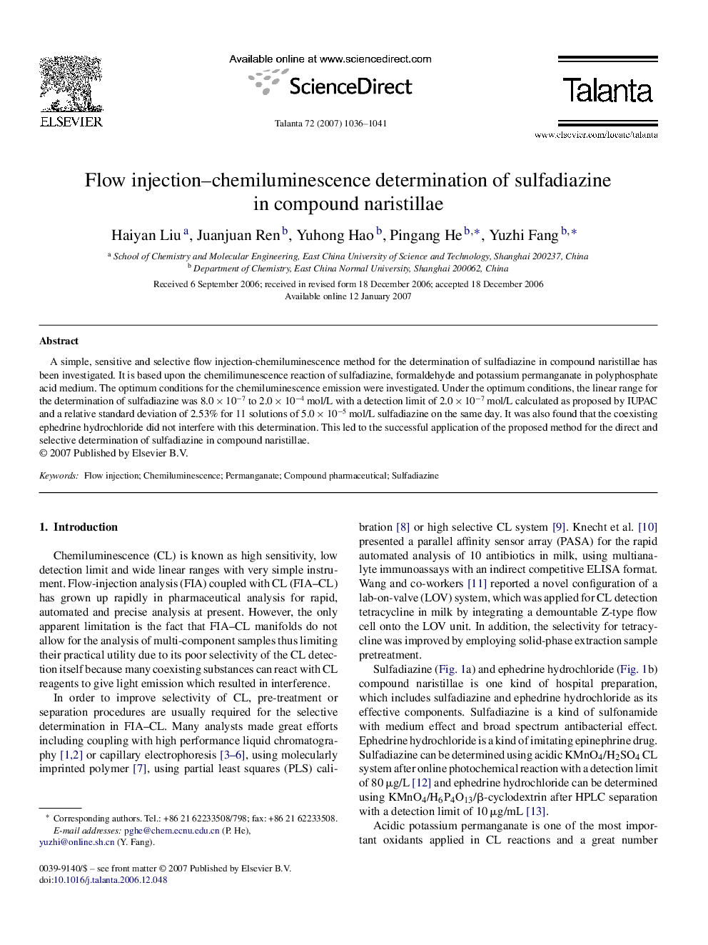 Flow injection-chemiluminescence determination of sulfadiazine in compound naristillae