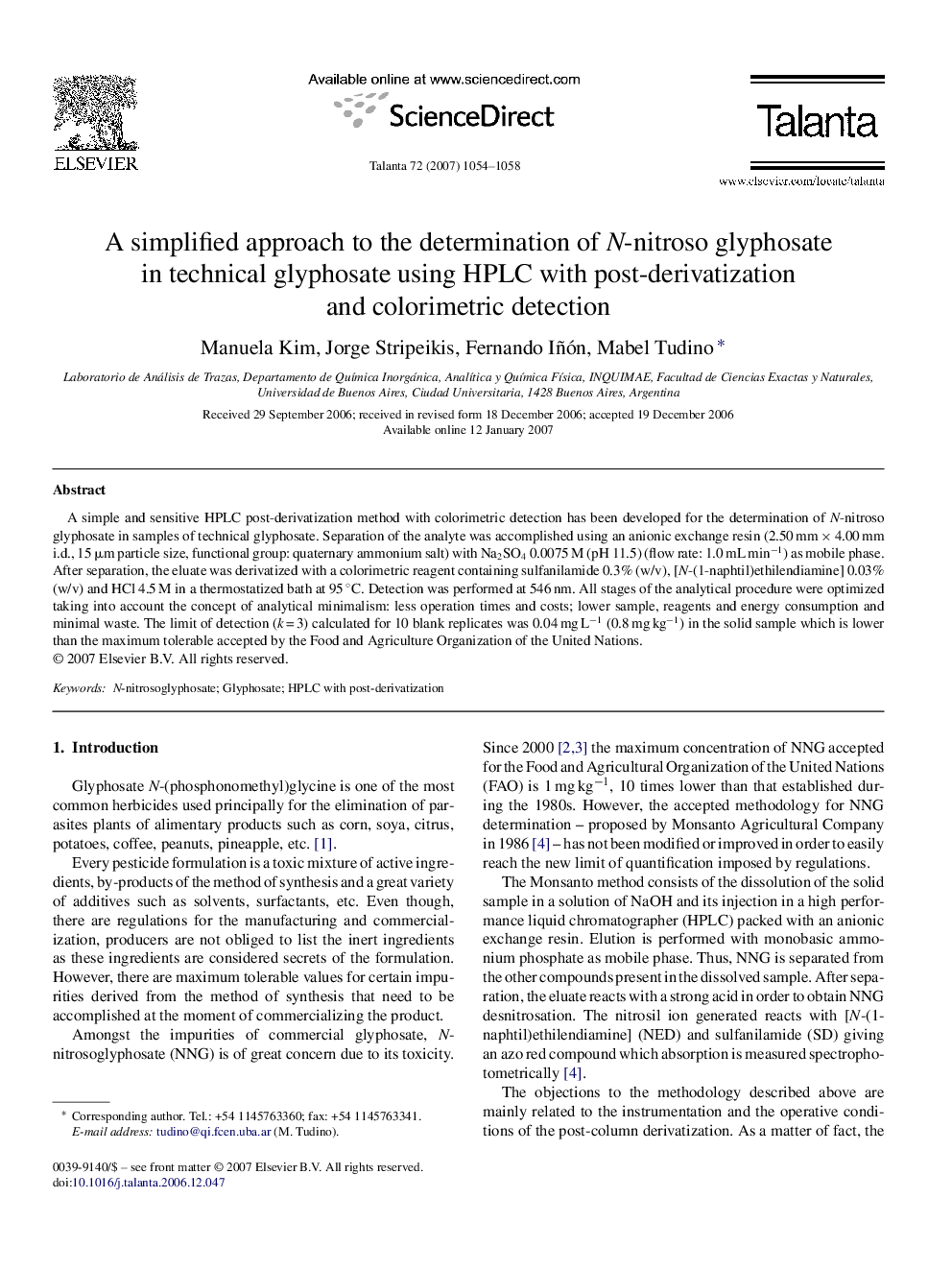 A simplified approach to the determination of N-nitroso glyphosate in technical glyphosate using HPLC with post-derivatization and colorimetric detection