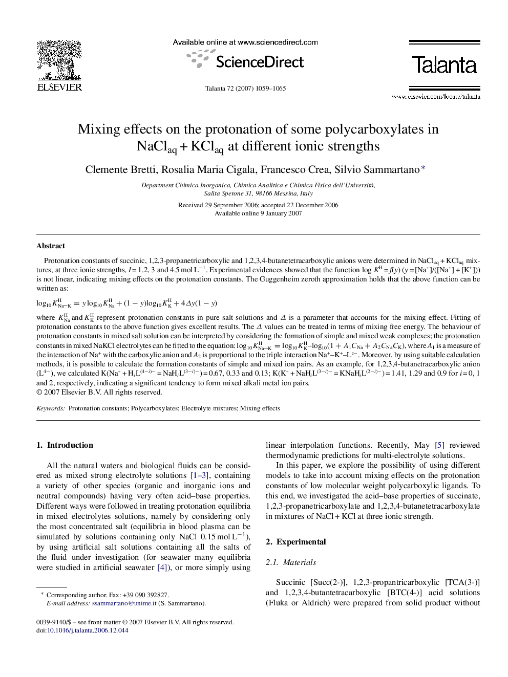 Mixing effects on the protonation of some polycarboxylates in NaClaqÂ +Â KClaq at different ionic strengths