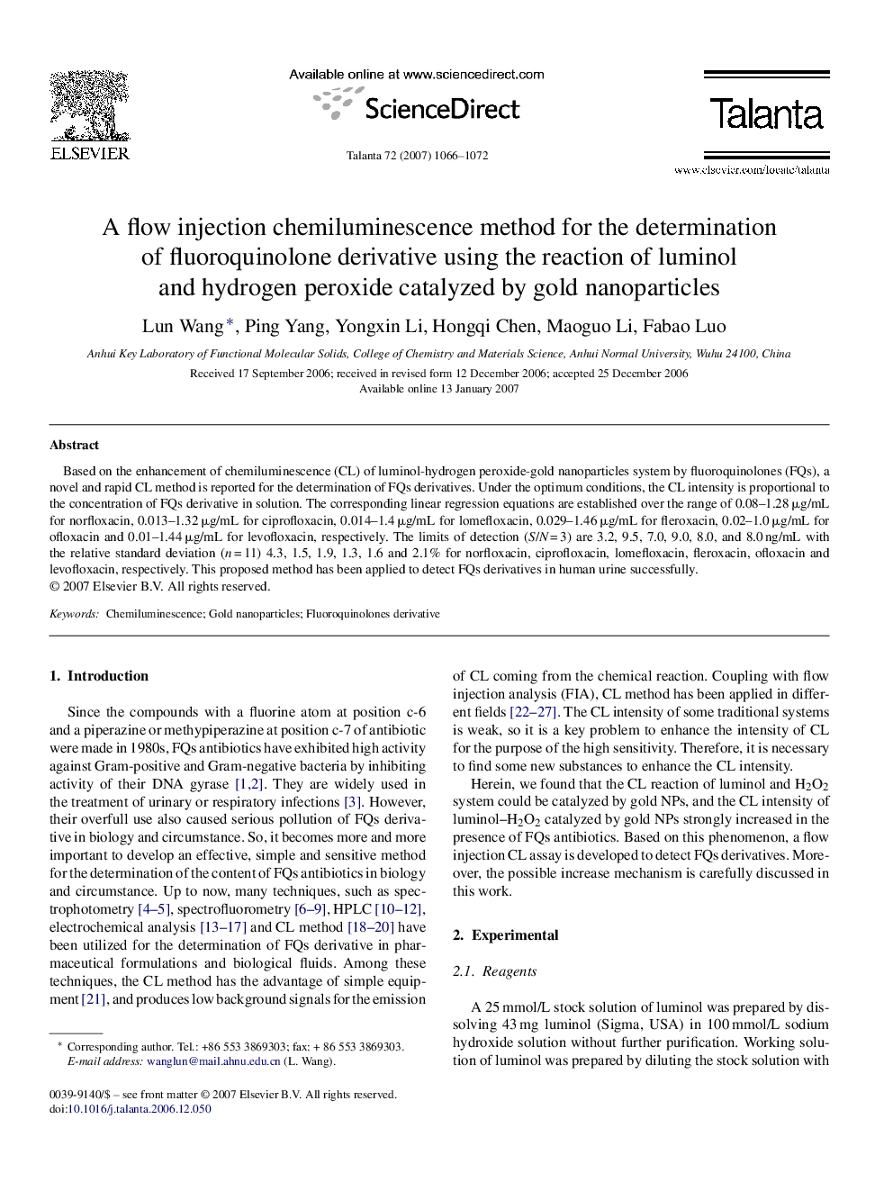 A flow injection chemiluminescence method for the determination of fluoroquinolone derivative using the reaction of luminol and hydrogen peroxide catalyzed by gold nanoparticles