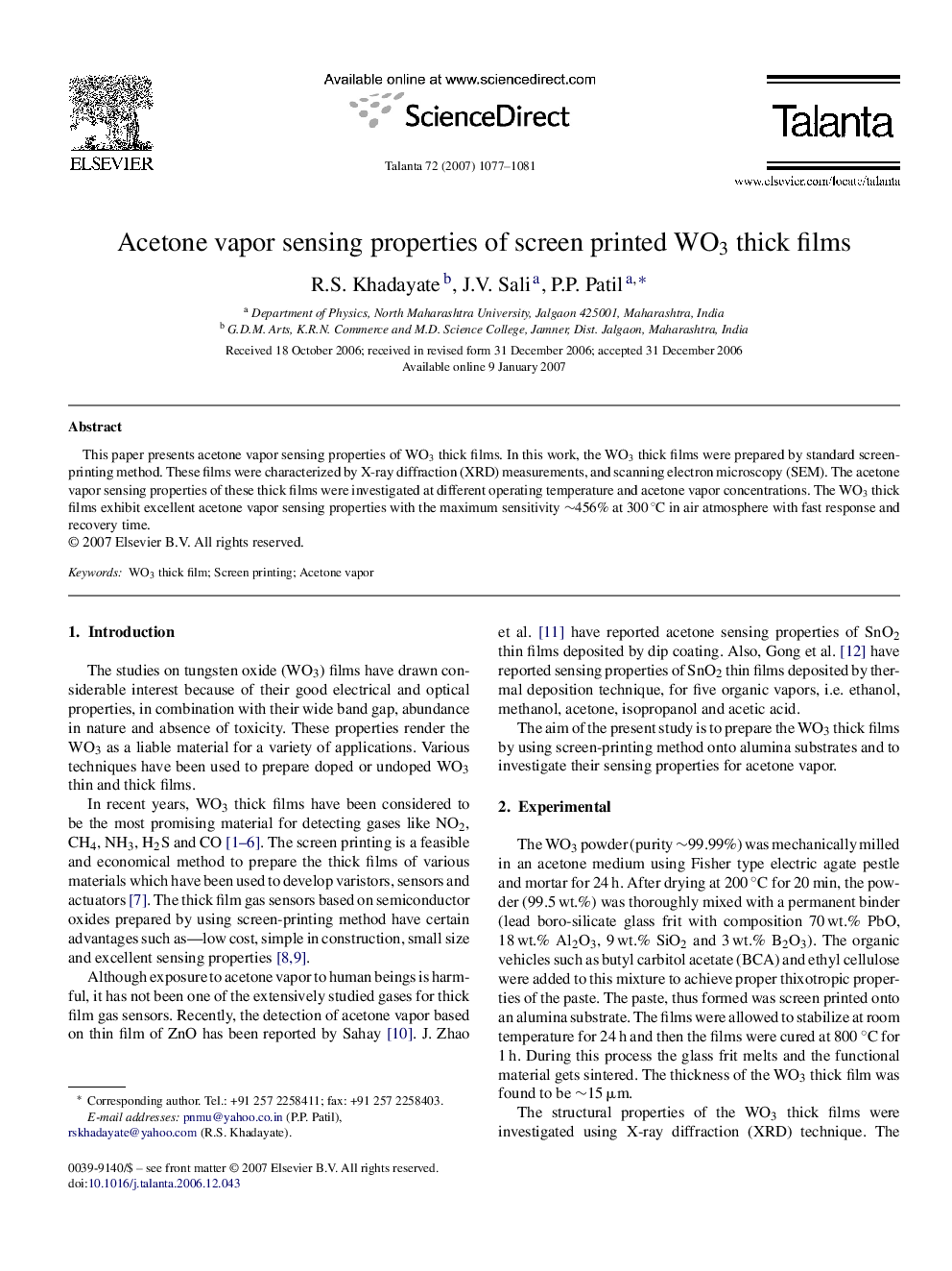 Acetone vapor sensing properties of screen printed WO3 thick films