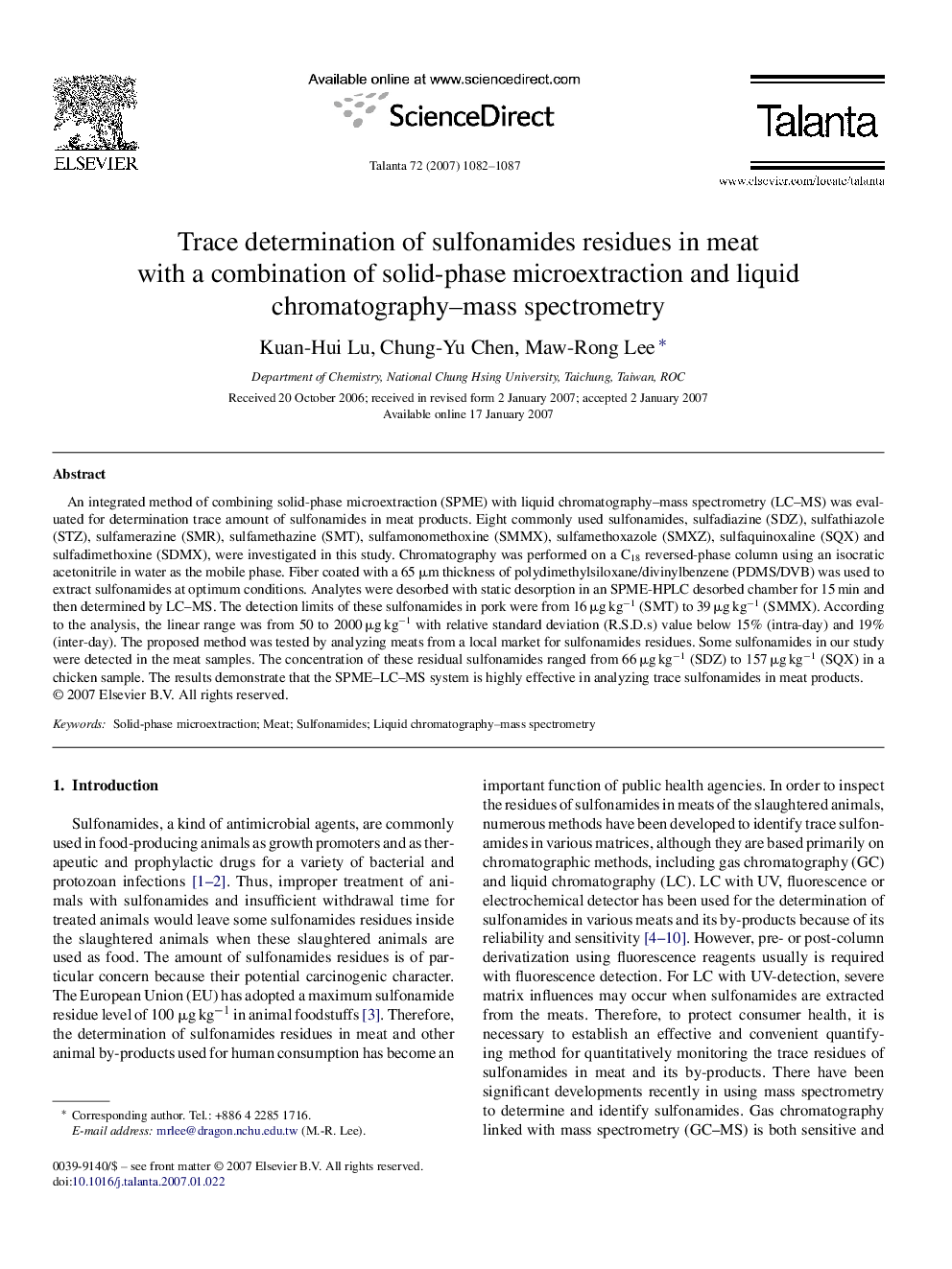 Trace determination of sulfonamides residues in meat with a combination of solid-phase microextraction and liquid chromatography–mass spectrometry