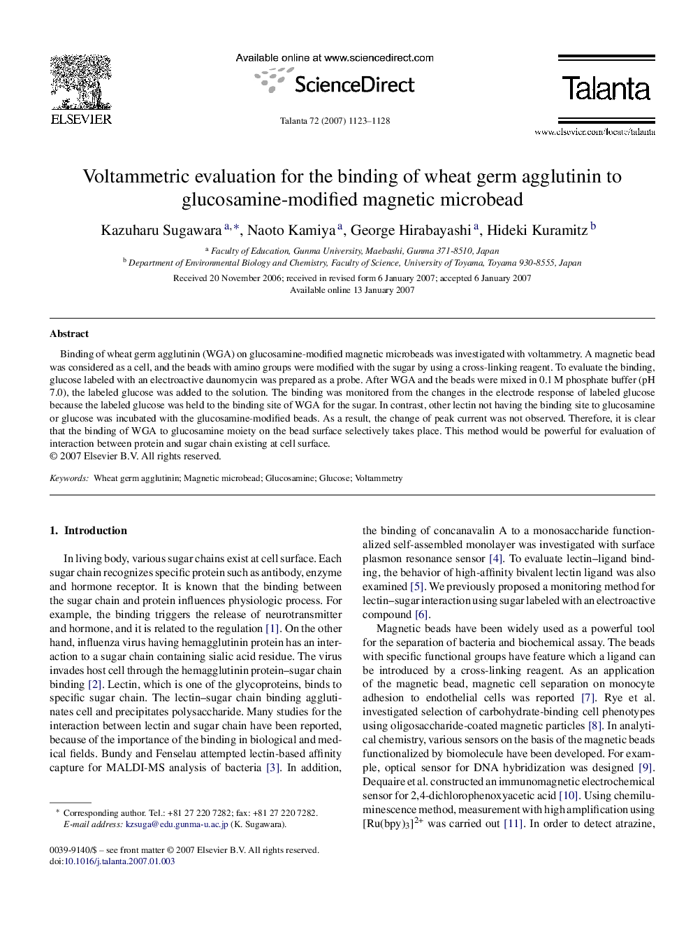 Voltammetric evaluation for the binding of wheat germ agglutinin to glucosamine-modified magnetic microbead