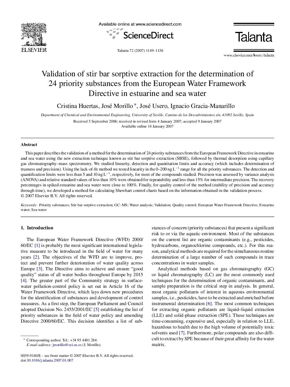 Validation of stir bar sorptive extraction for the determination of 24 priority substances from the European Water Framework Directive in estuarine and sea water