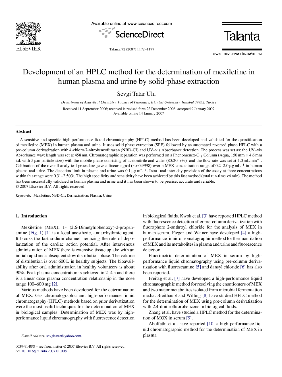 Development of an HPLC method for the determination of mexiletine in human plasma and urine by solid-phase extraction