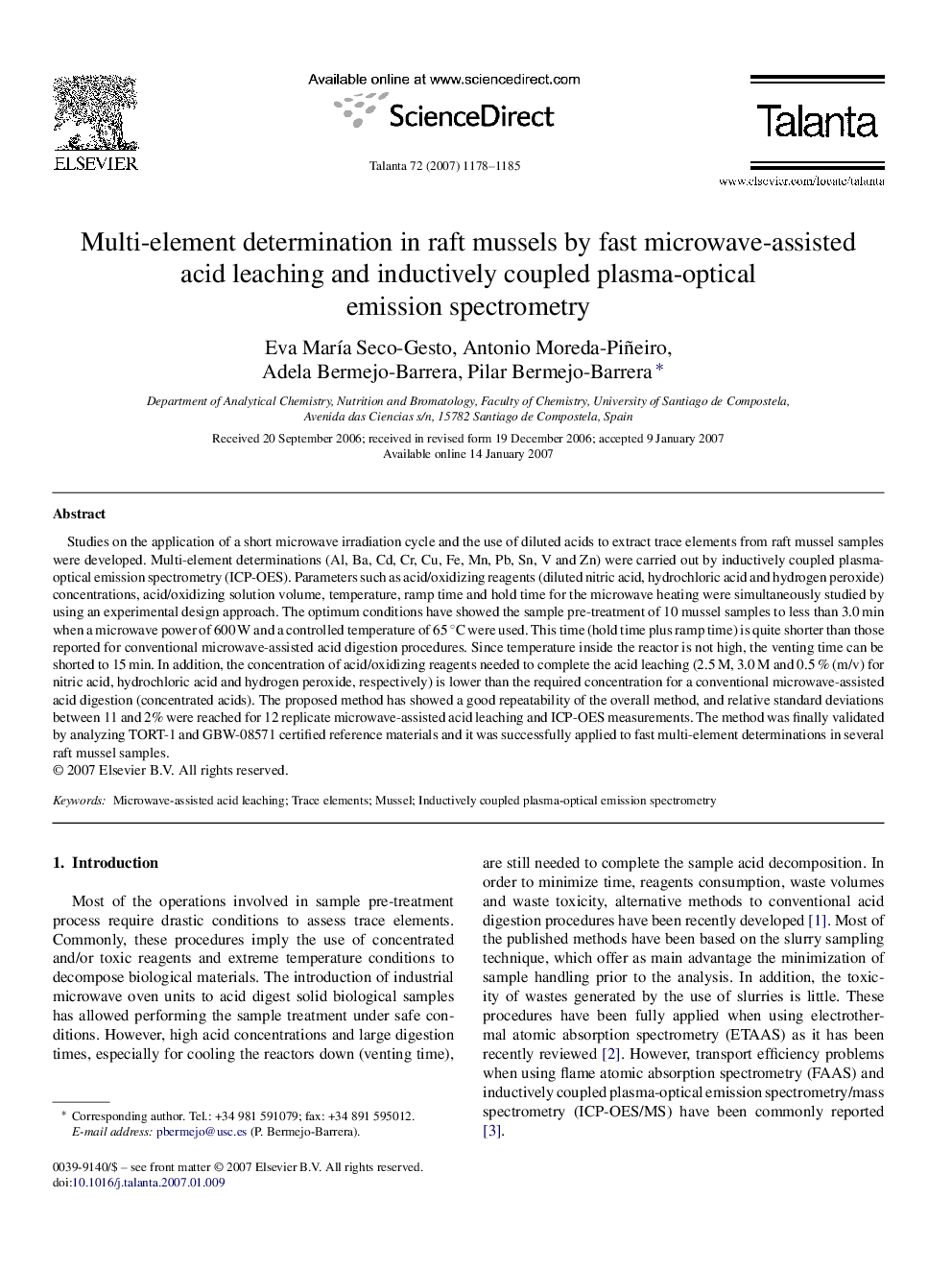 Multi-element determination in raft mussels by fast microwave-assisted acid leaching and inductively coupled plasma-optical emission spectrometry