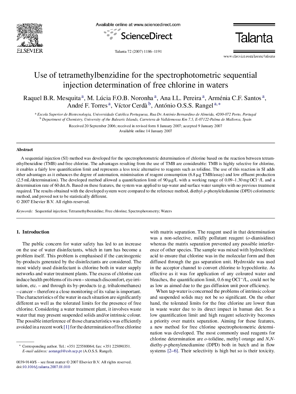 Use of tetramethylbenzidine for the spectrophotometric sequential injection determination of free chlorine in waters