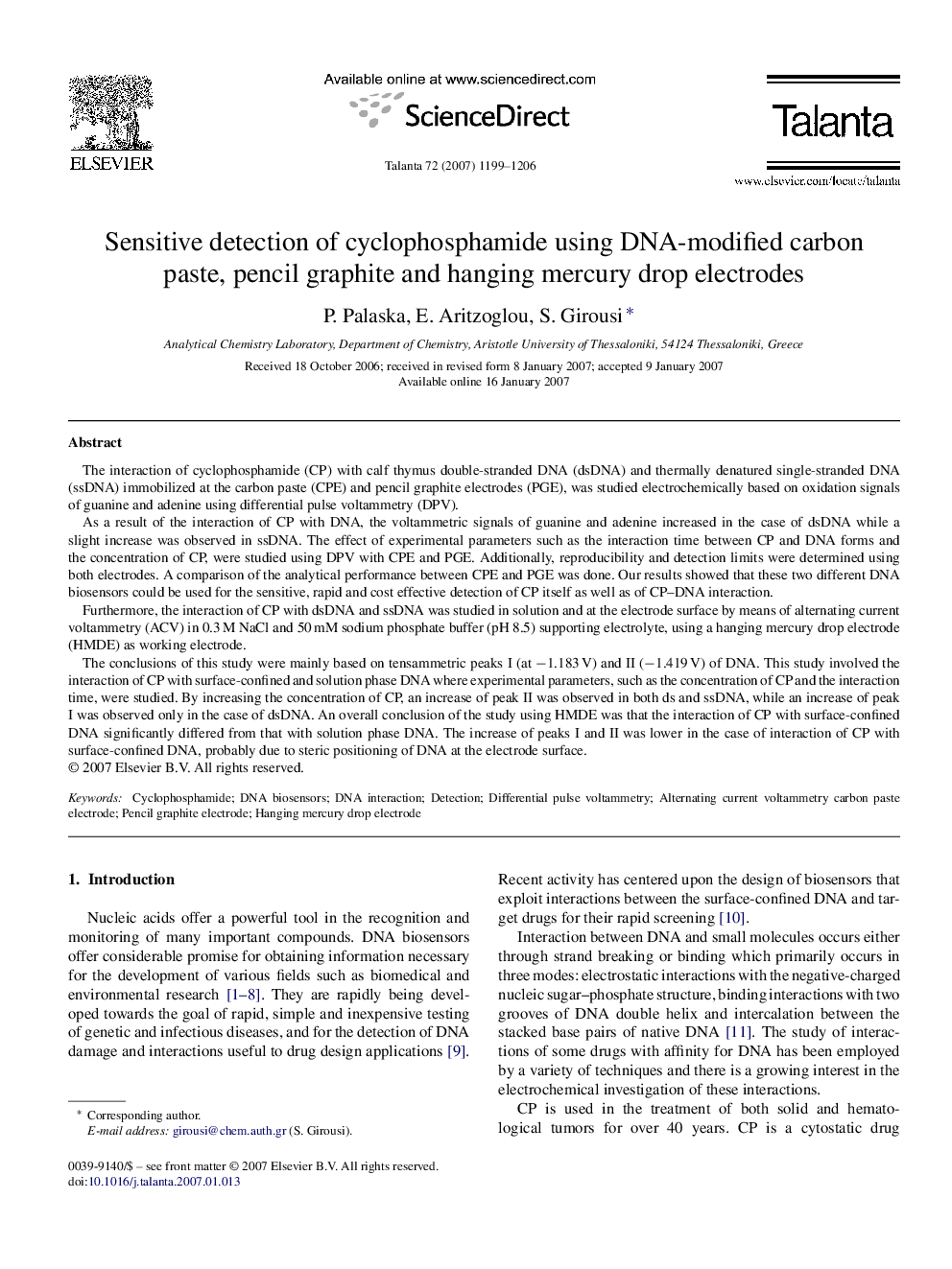 Sensitive detection of cyclophosphamide using DNA-modified carbon paste, pencil graphite and hanging mercury drop electrodes